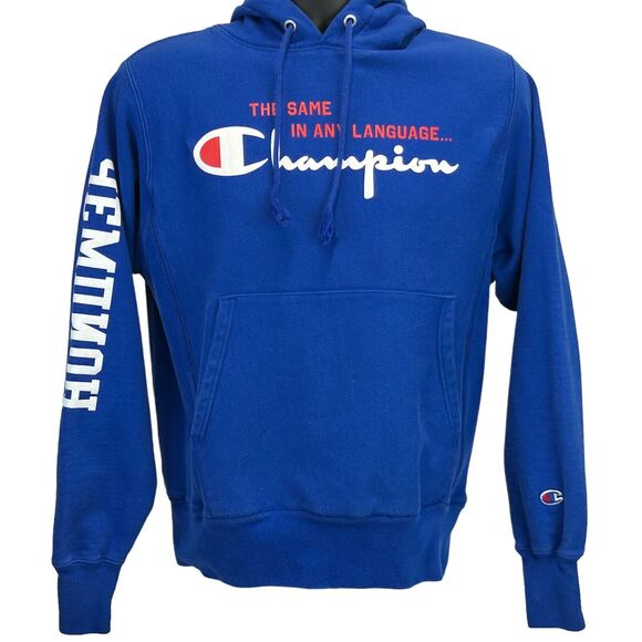 Champion Same In Any Language Hoodie Mens S Small Blue Hooded Sweatshirt Logo - Picture 2 of 10